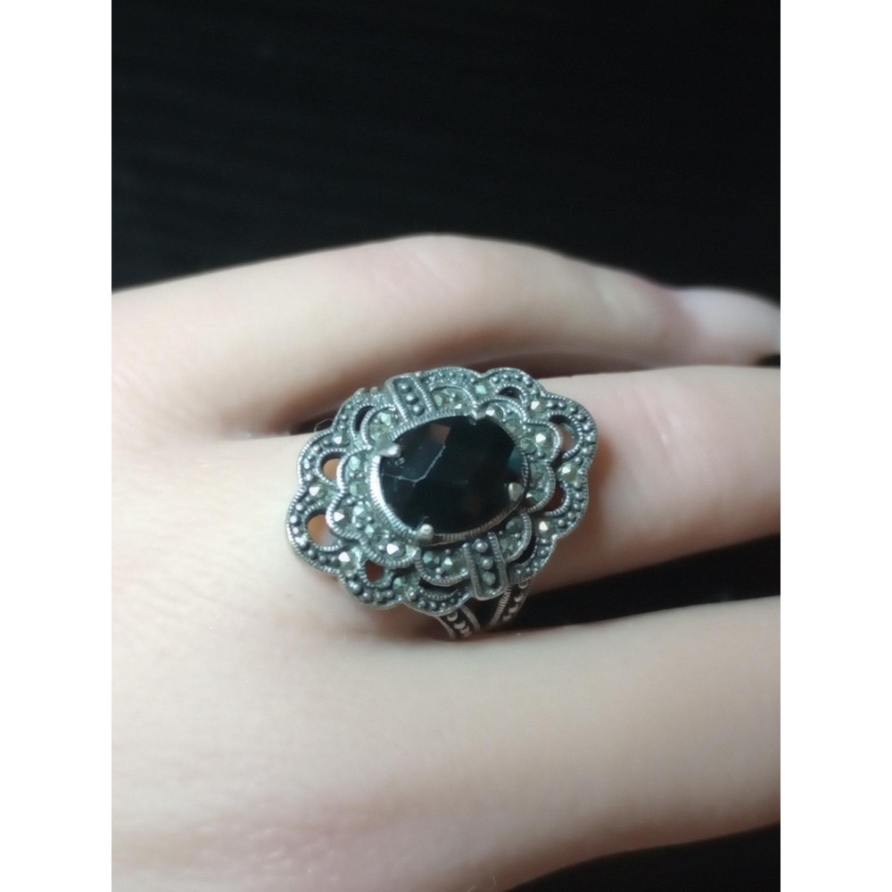 Vintage Style Black Onyx Marcasite Filigree Ring Silver Tone Size 7.25 Art Deco